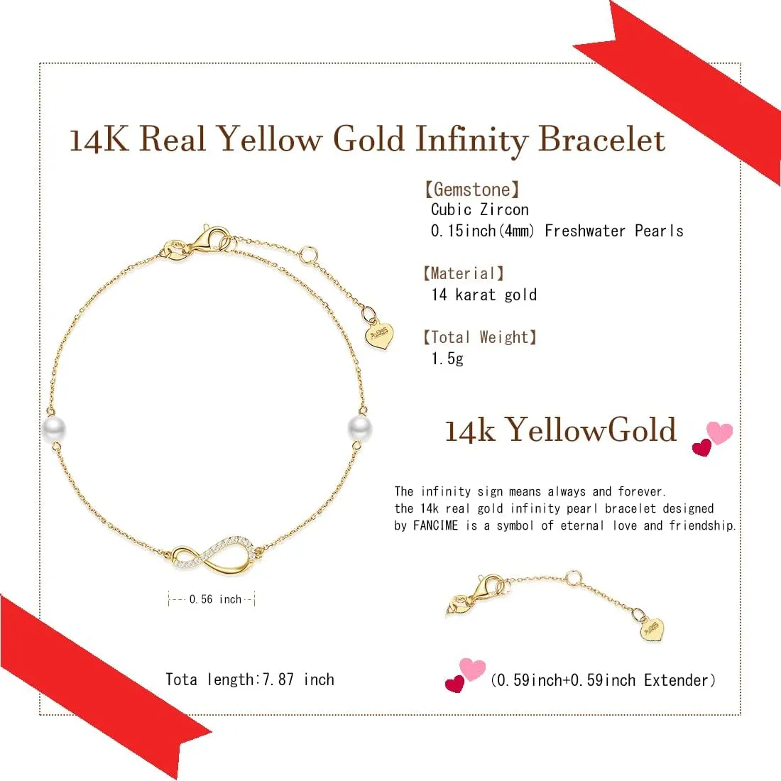 14K Yellow Gold Infinity Bracelet with 4MM Freshwater Pearls Adjustable Bracelet Fine Jewelry