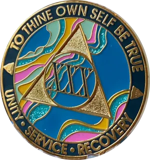 30 Year AA Medallion Elegant Tahiti Teal Blue and Pink Marble Gold Sobriety Chip