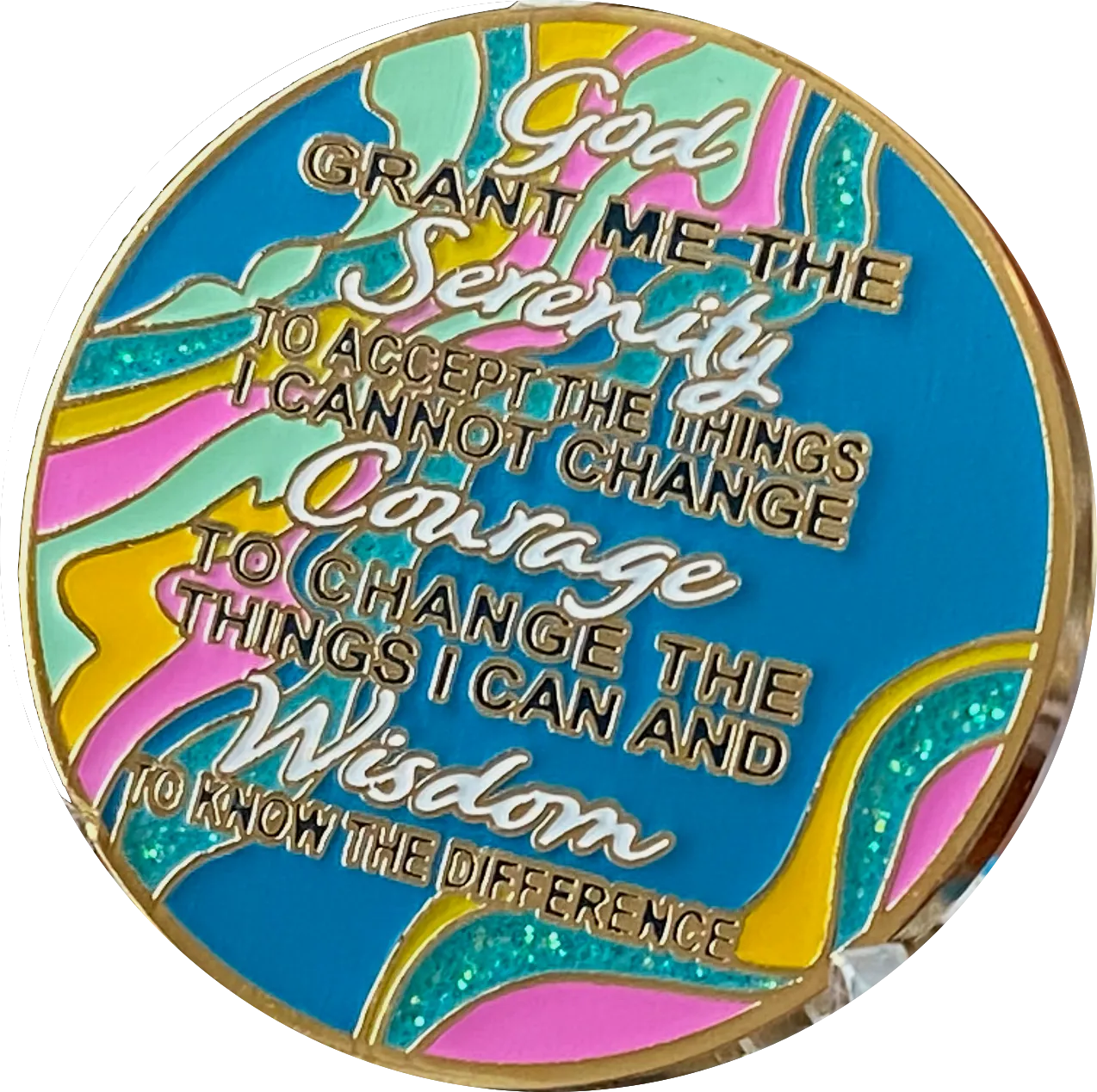 30 Year AA Medallion Elegant Tahiti Teal Blue and Pink Marble Gold Sobriety Chip