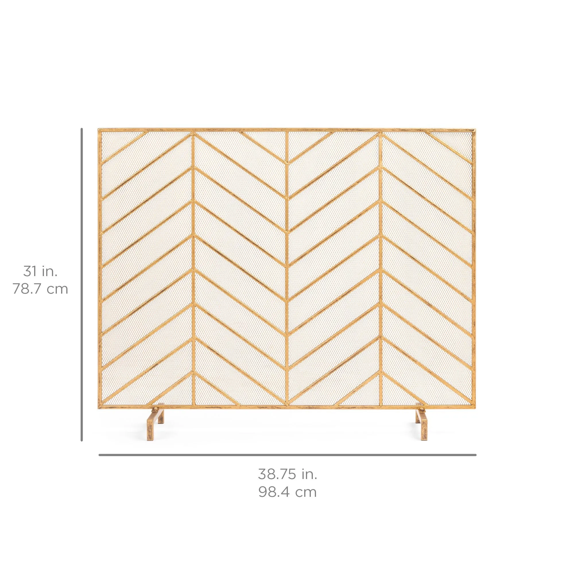 38x31in Single Panel Iron Chevron Fireplace Screen w/ Antique Gold Finish