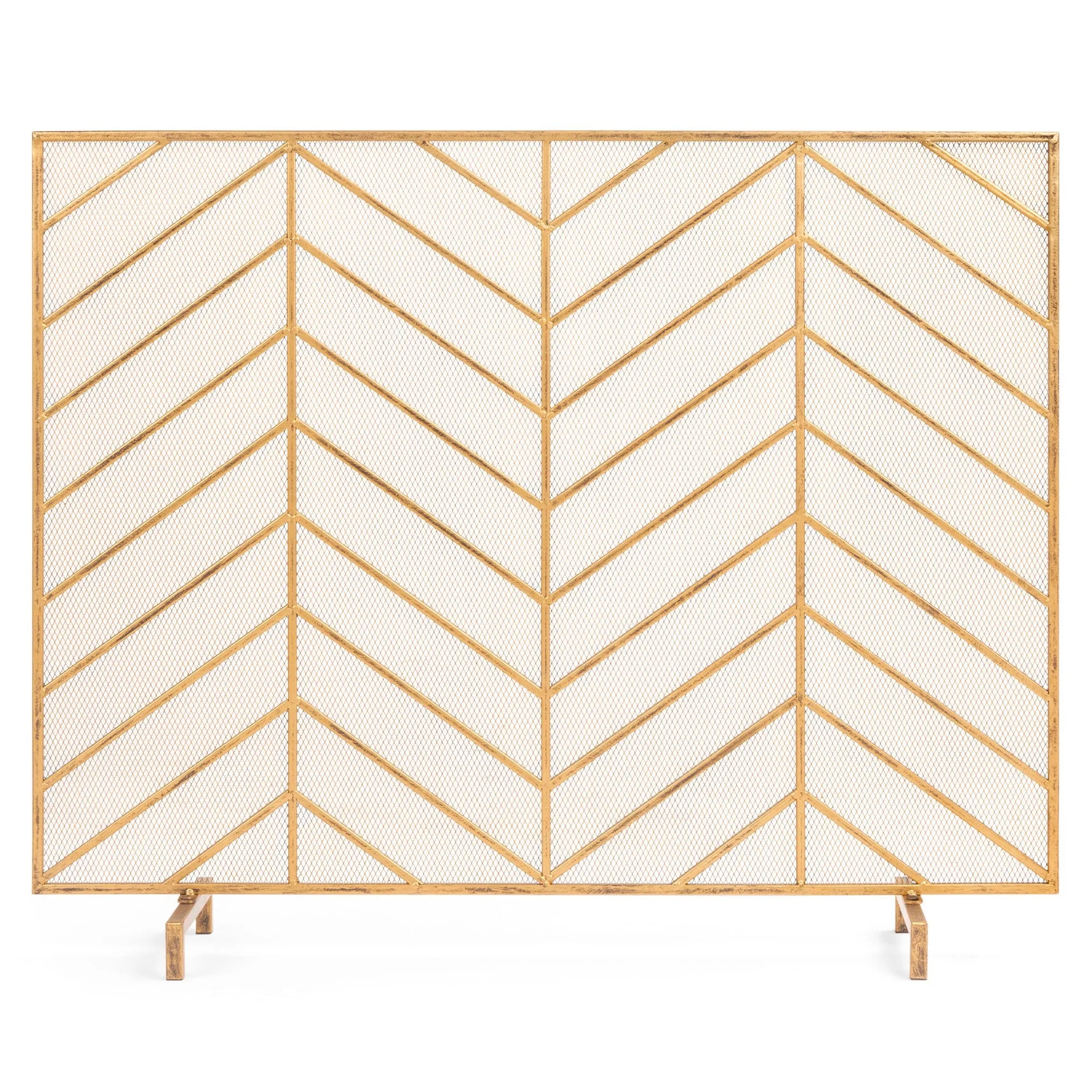 38x31in Single Panel Iron Chevron Fireplace Screen w/ Antique Gold Finish