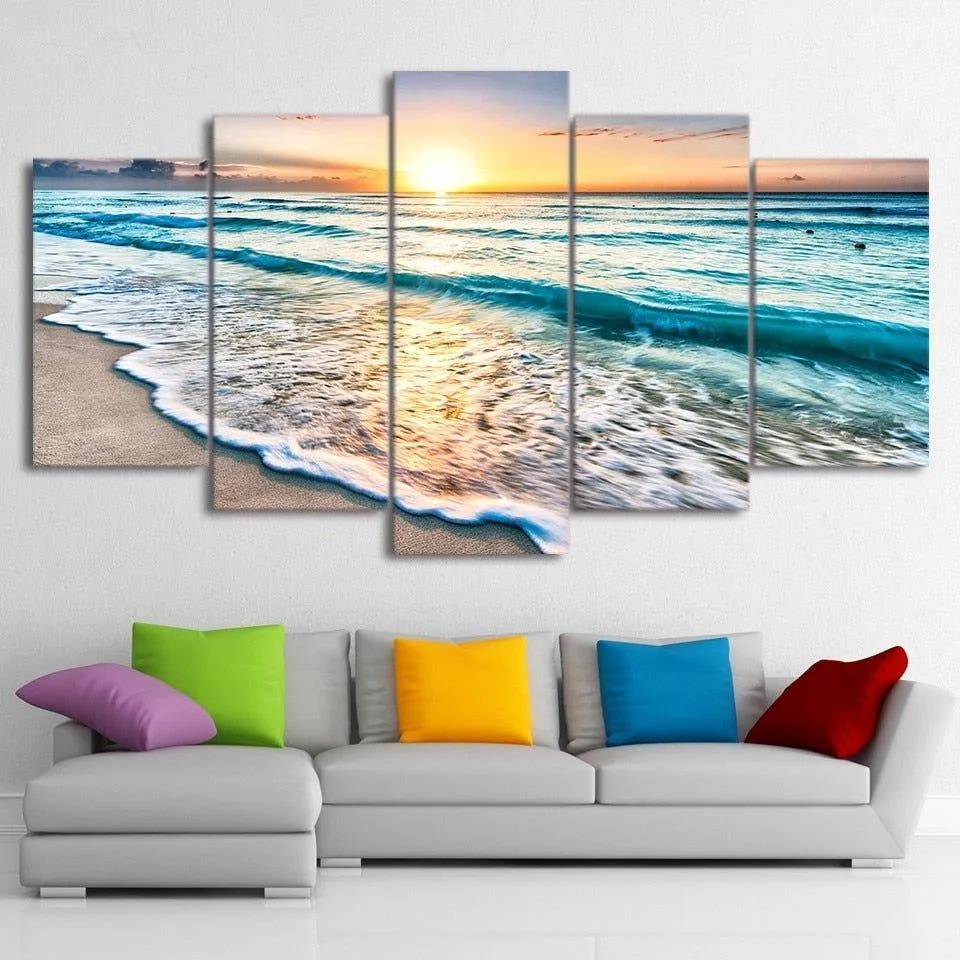 5 Panels Beach Sunset Framed Canvas Prints