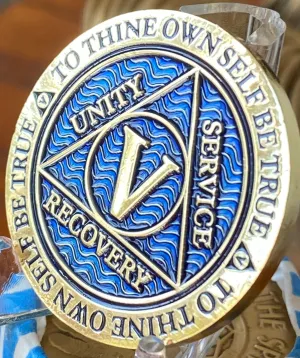 5 Year Sobriety Chip Reflex Dusty Blue Gold Plated Medallion For AA Members