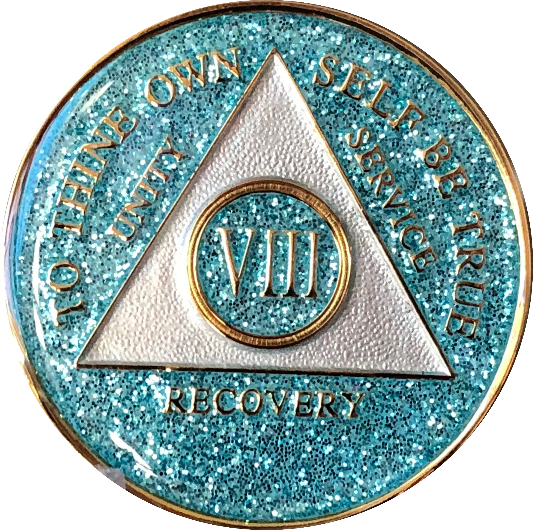 AA Medallion Aqua Blue Glitter Tri-Plate Sobriety Chip Year 1 - 45