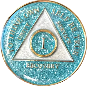 AA Medallion Aqua Blue Glitter Tri-Plate Sobriety Chip Year 1 - 45