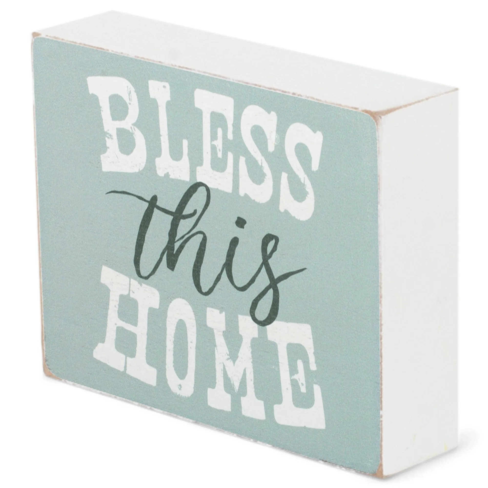 Bless This Home Rustic Blue 4 x 3 Wood Decorative Tabletop Block Plaque