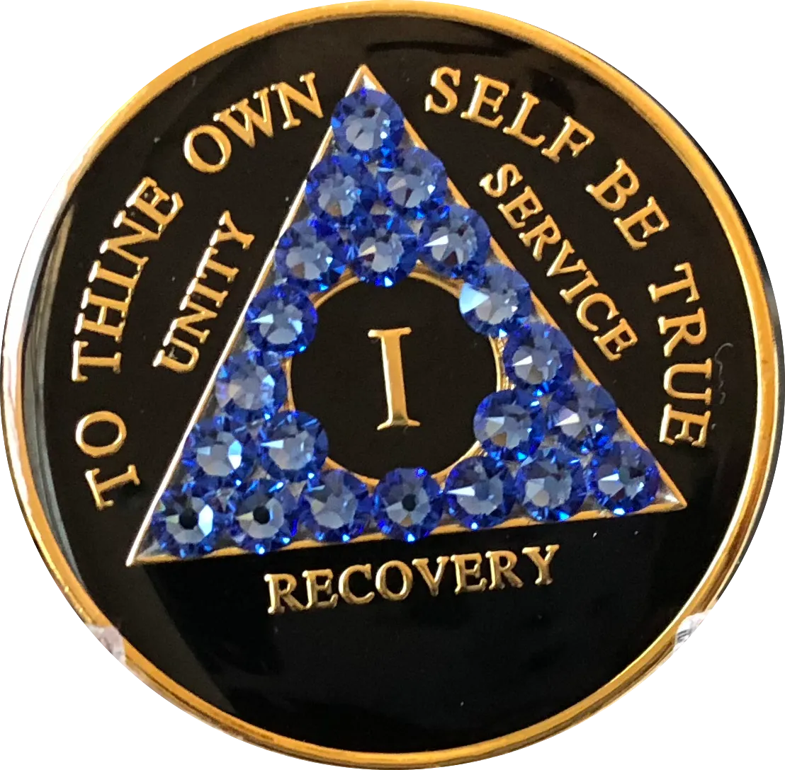 Blue Sapphire Swarovski Crystal AA Medallion Black Tri-Plate Sobriety Chip Year 1 - 50