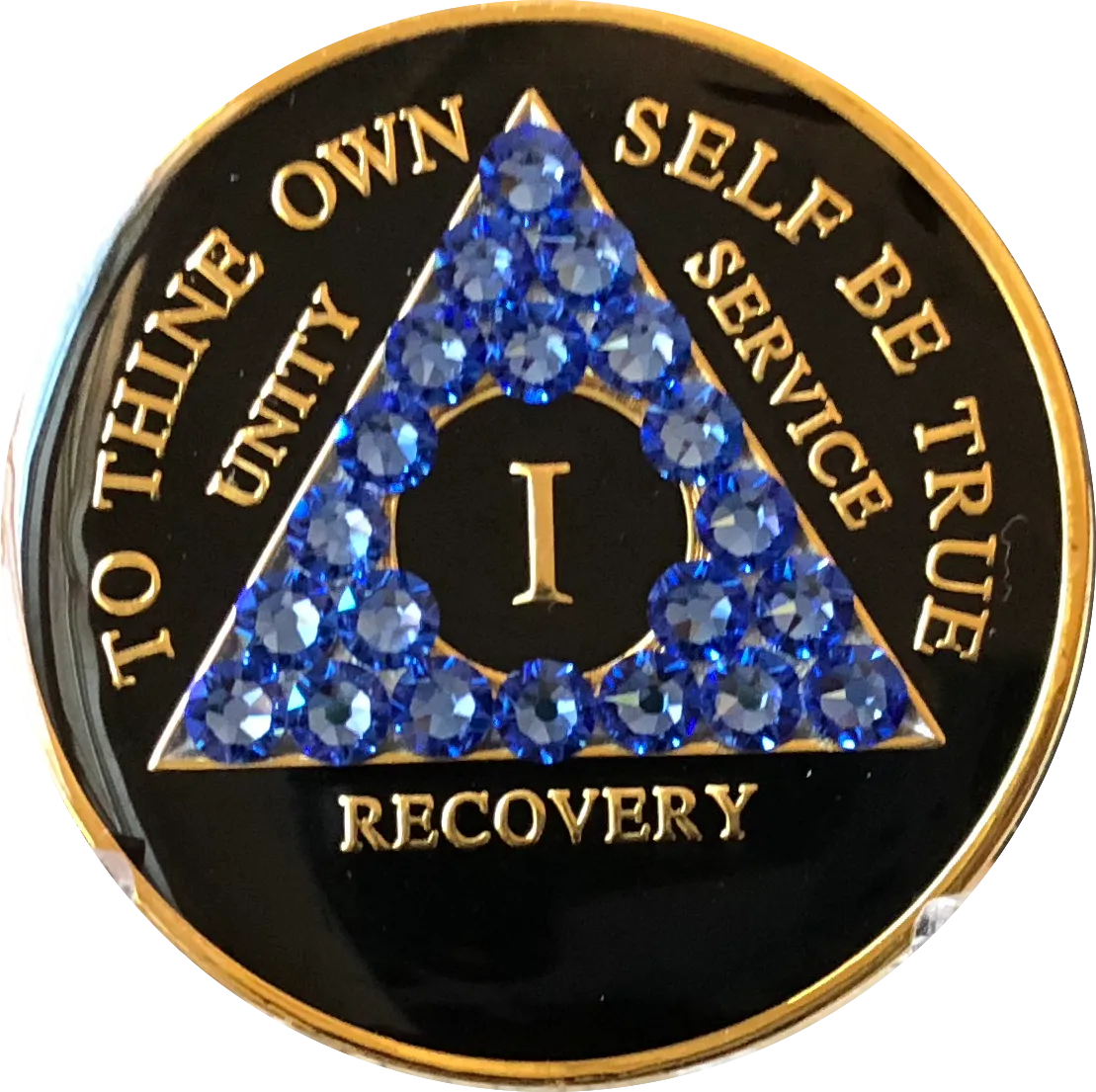 Blue Sapphire Swarovski Crystal AA Medallion Black Tri-Plate Sobriety Chip Year 1 - 50