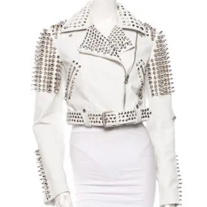 Buy Best Rider Women For Men Silver Tone Studded White Leather Jacket