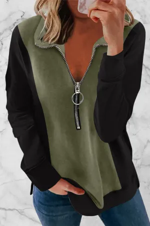 Casual Patchwork Zipper Turndown Collar Tops