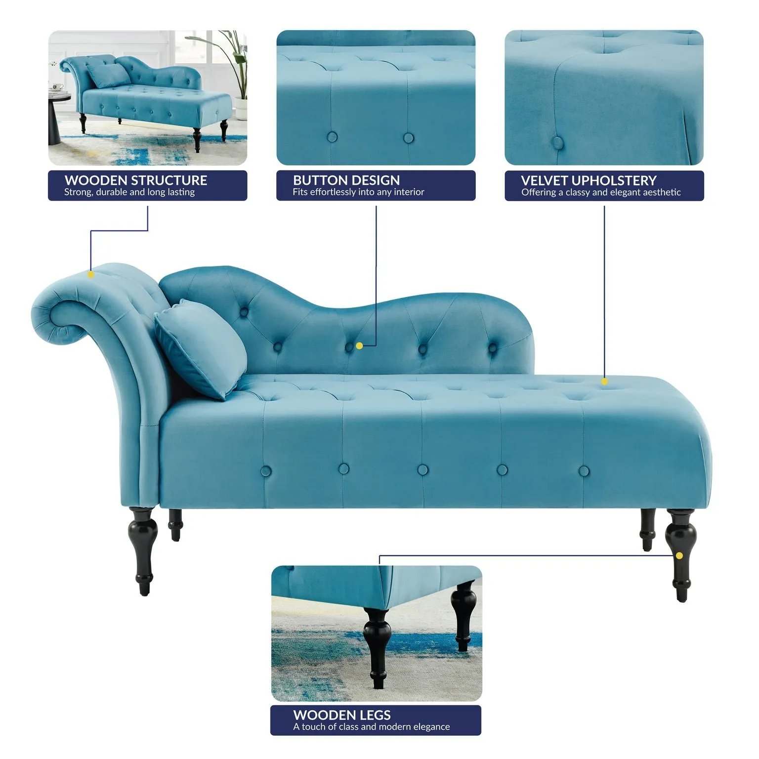 Chaise Lounge Velvet Sofa with Wooden Legs - Blue