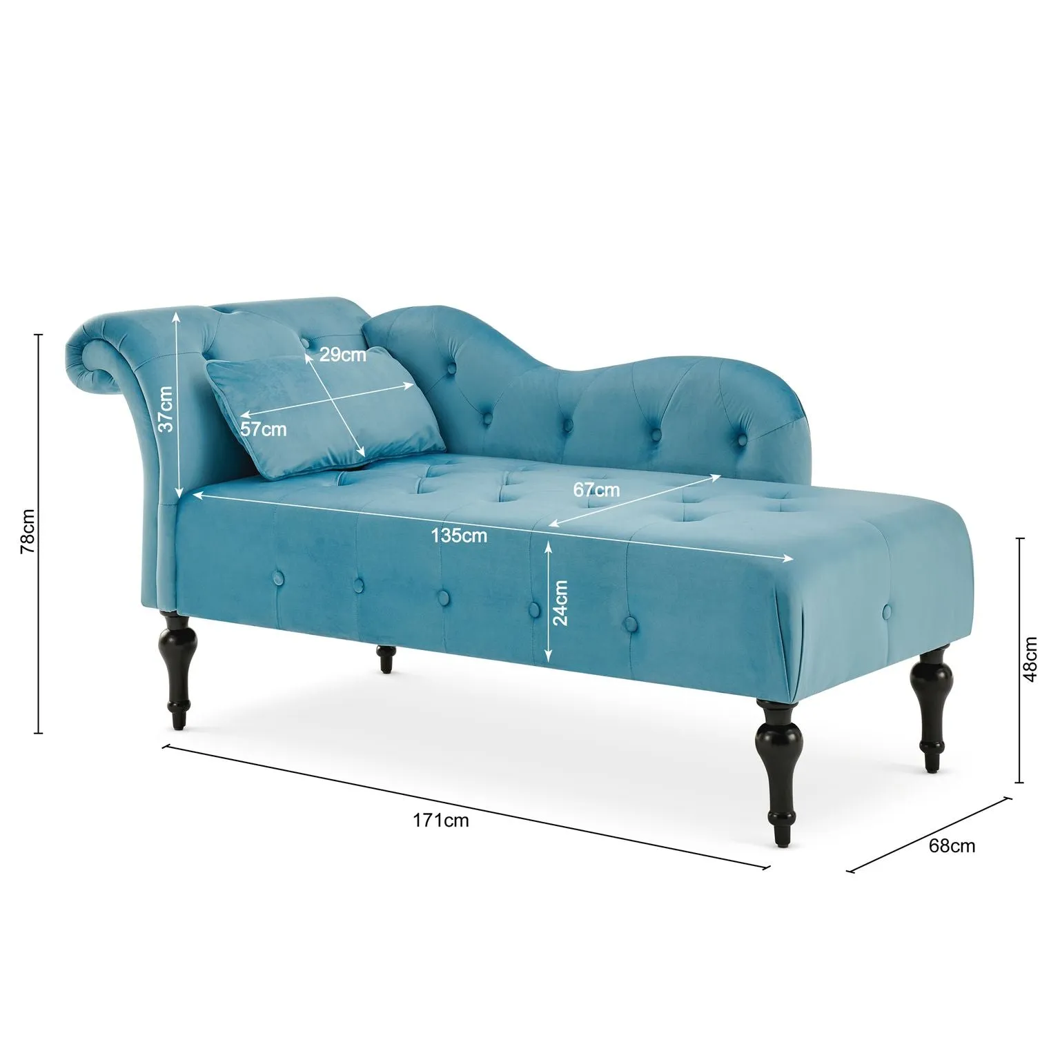 Chaise Lounge Velvet Sofa with Wooden Legs - Blue