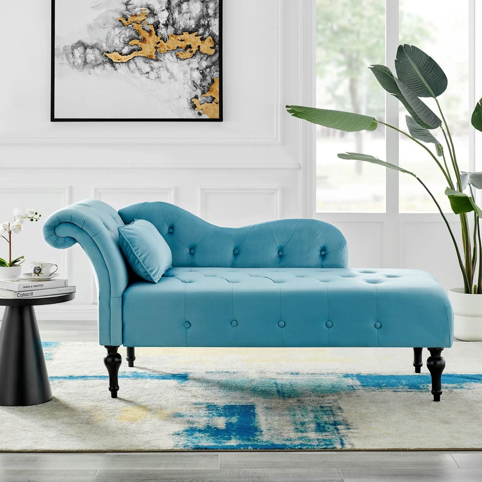 Chaise Lounge Velvet Sofa with Wooden Legs - Blue