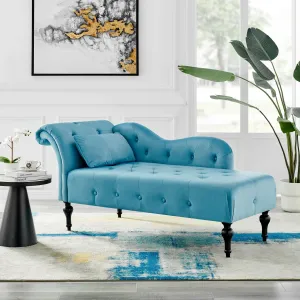 Chaise Lounge Velvet Sofa with Wooden Legs - Blue