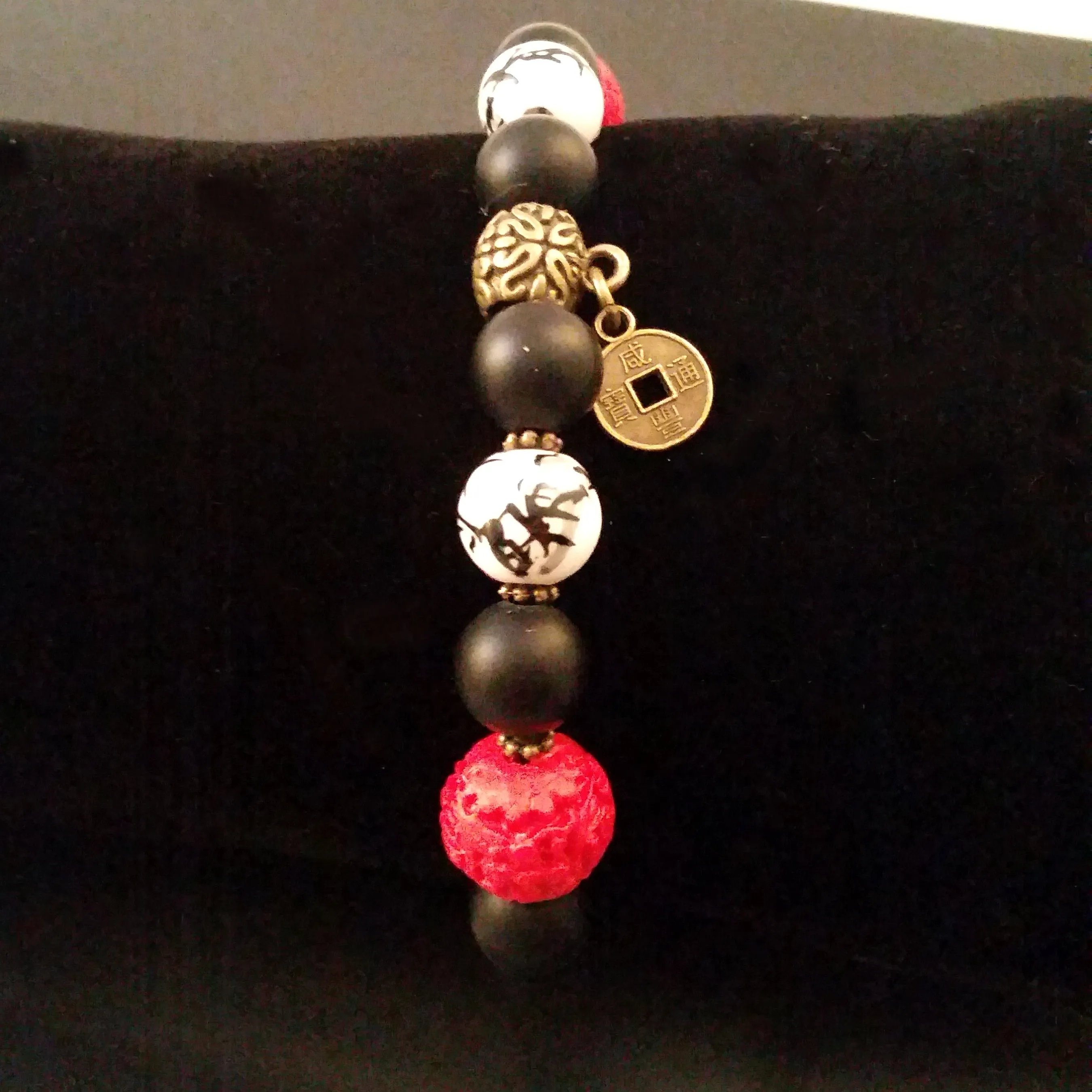 Chinoiserie Bracelet Black Obsidian Red Carved Cinnabar Stretch