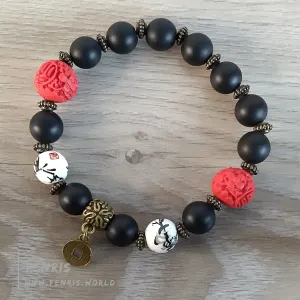 Chinoiserie Bracelet Black Obsidian Red Carved Cinnabar Stretch