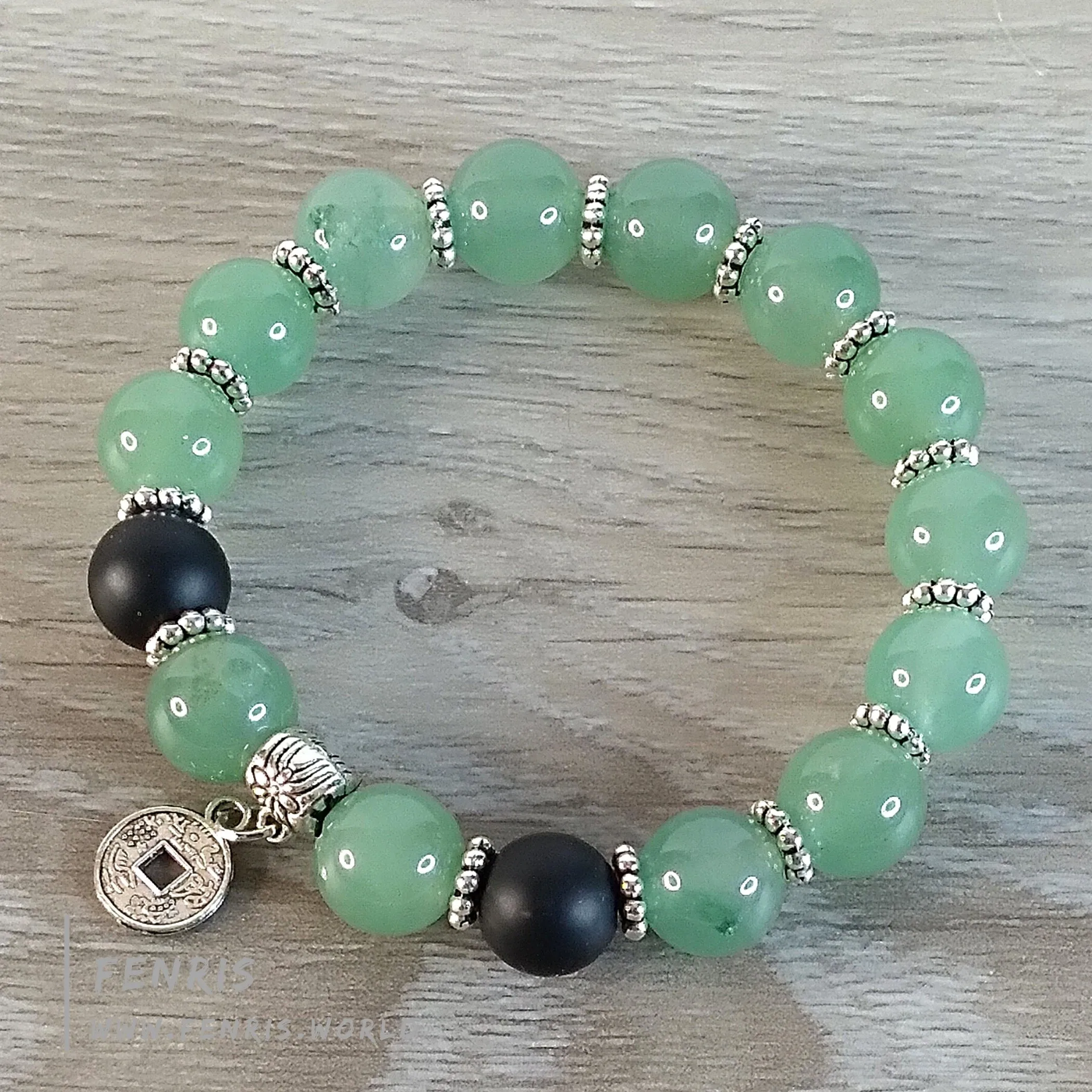 Chinoiserie Bracelet Jade Green Aventurine Silver Coin Stretch