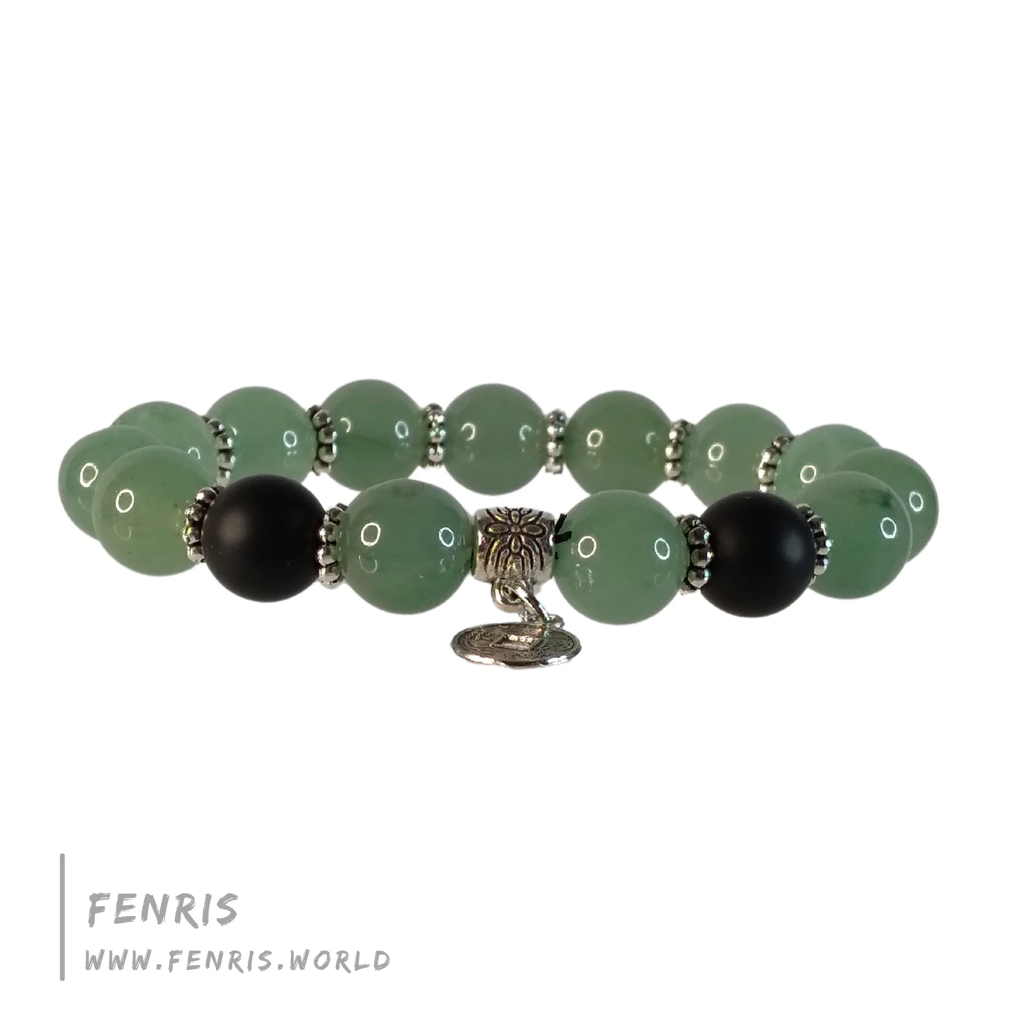 Chinoiserie Bracelet Jade Green Aventurine Silver Coin Stretch