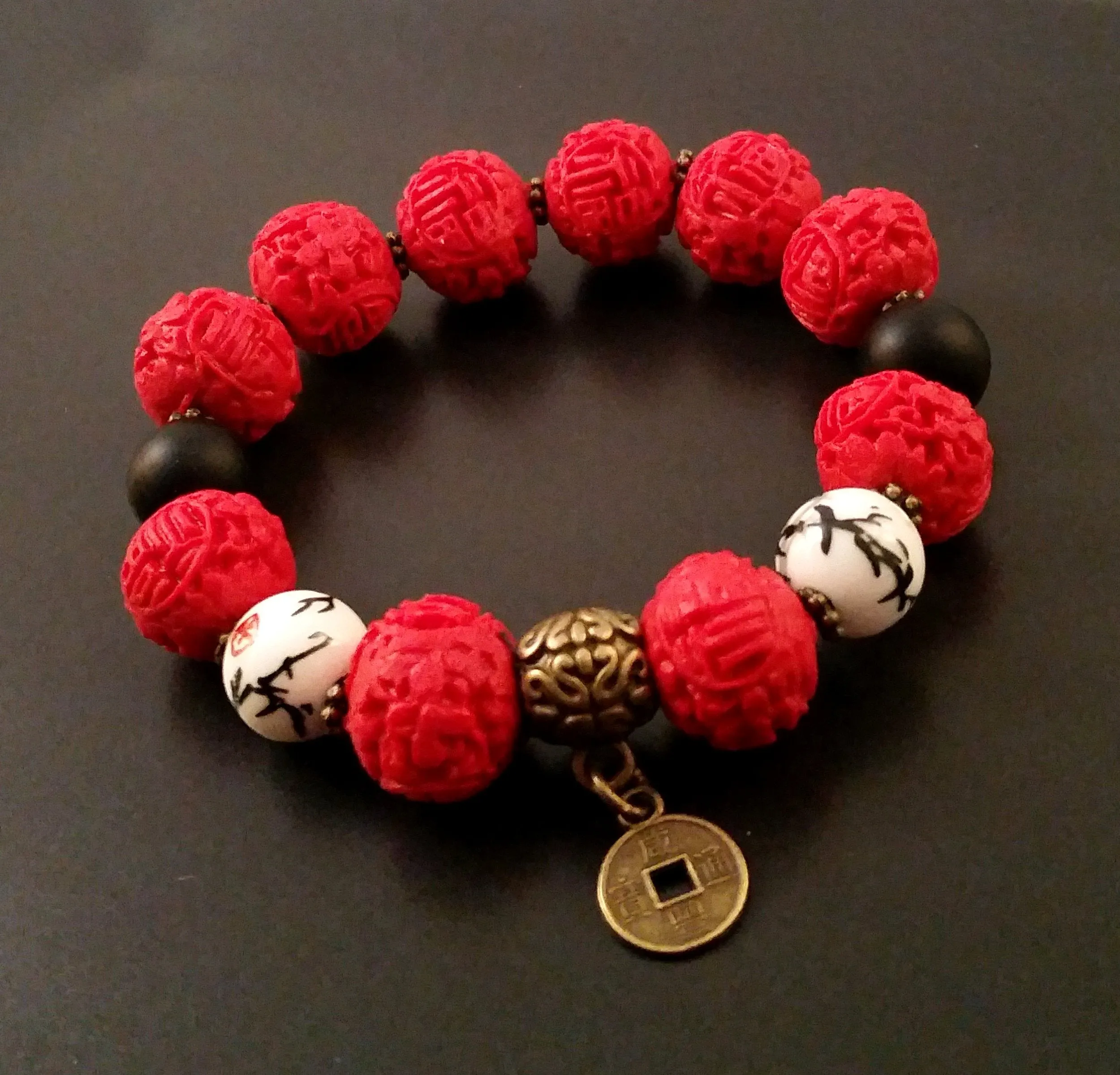 Chinoiserie Bracelet Red Carved Cinnabar Bronze Coin Stretch Accent Stack