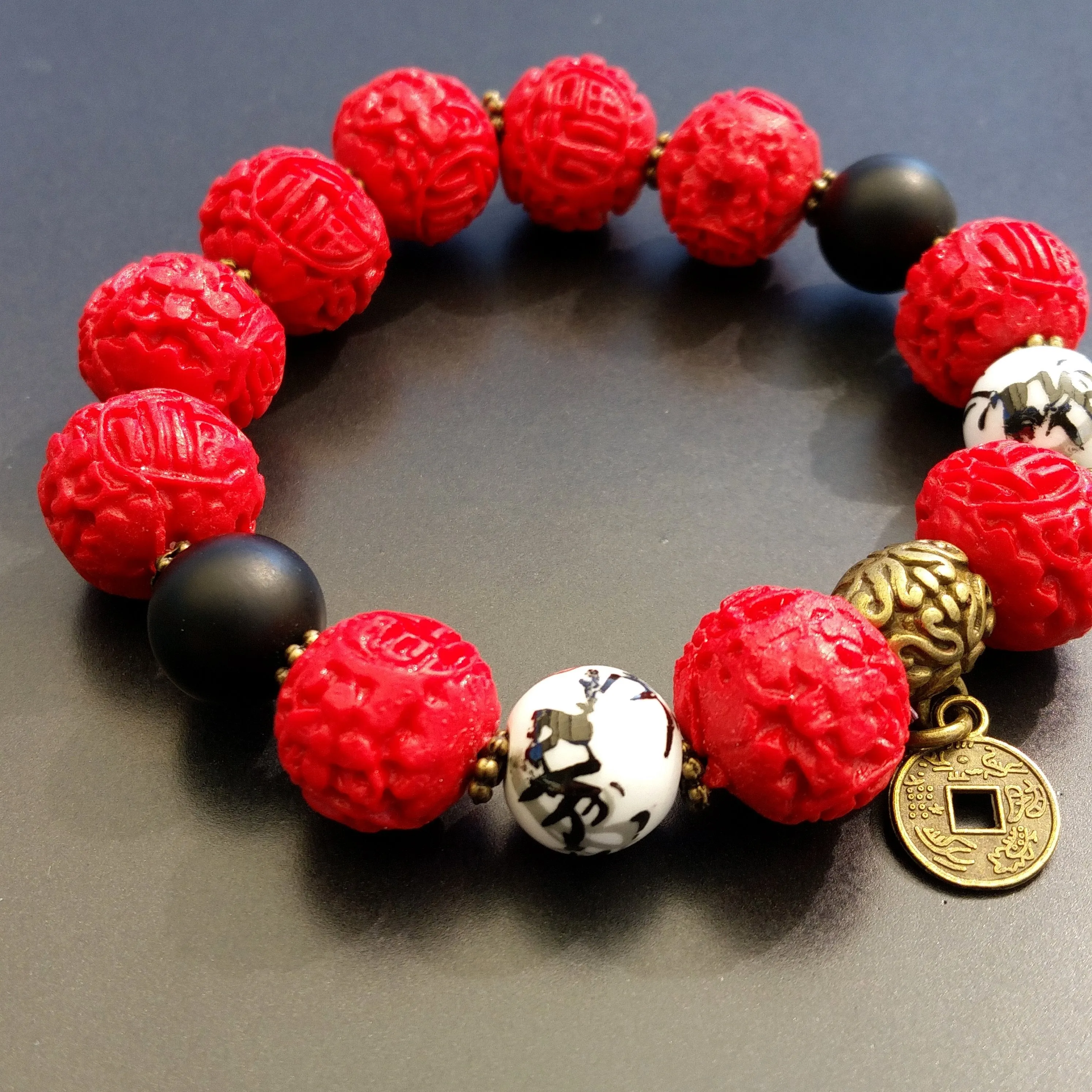 Chinoiserie Bracelet Red Carved Cinnabar Bronze Coin Stretch Accent Stack