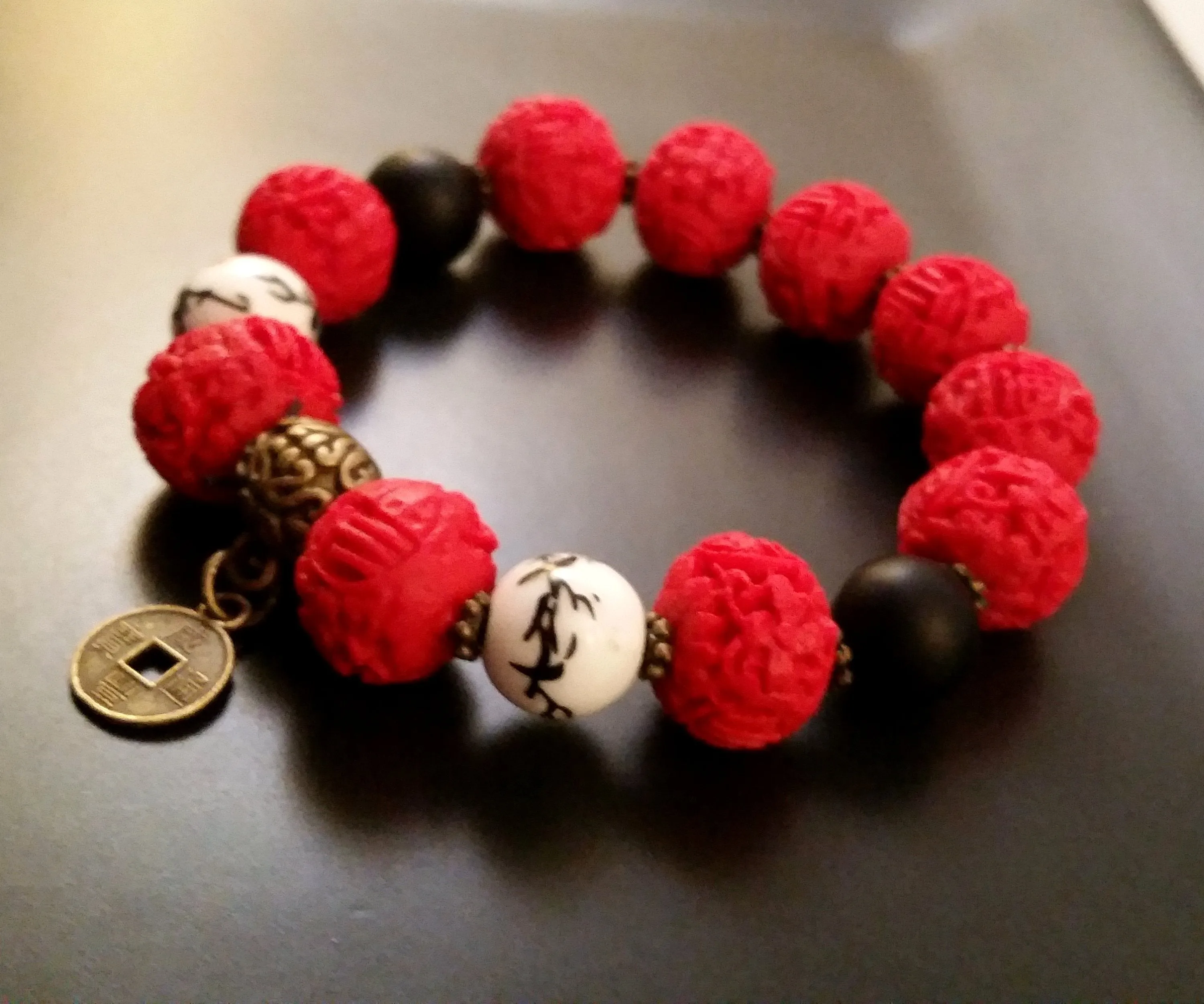 Chinoiserie Bracelet Red Carved Cinnabar Bronze Coin Stretch Accent Stack