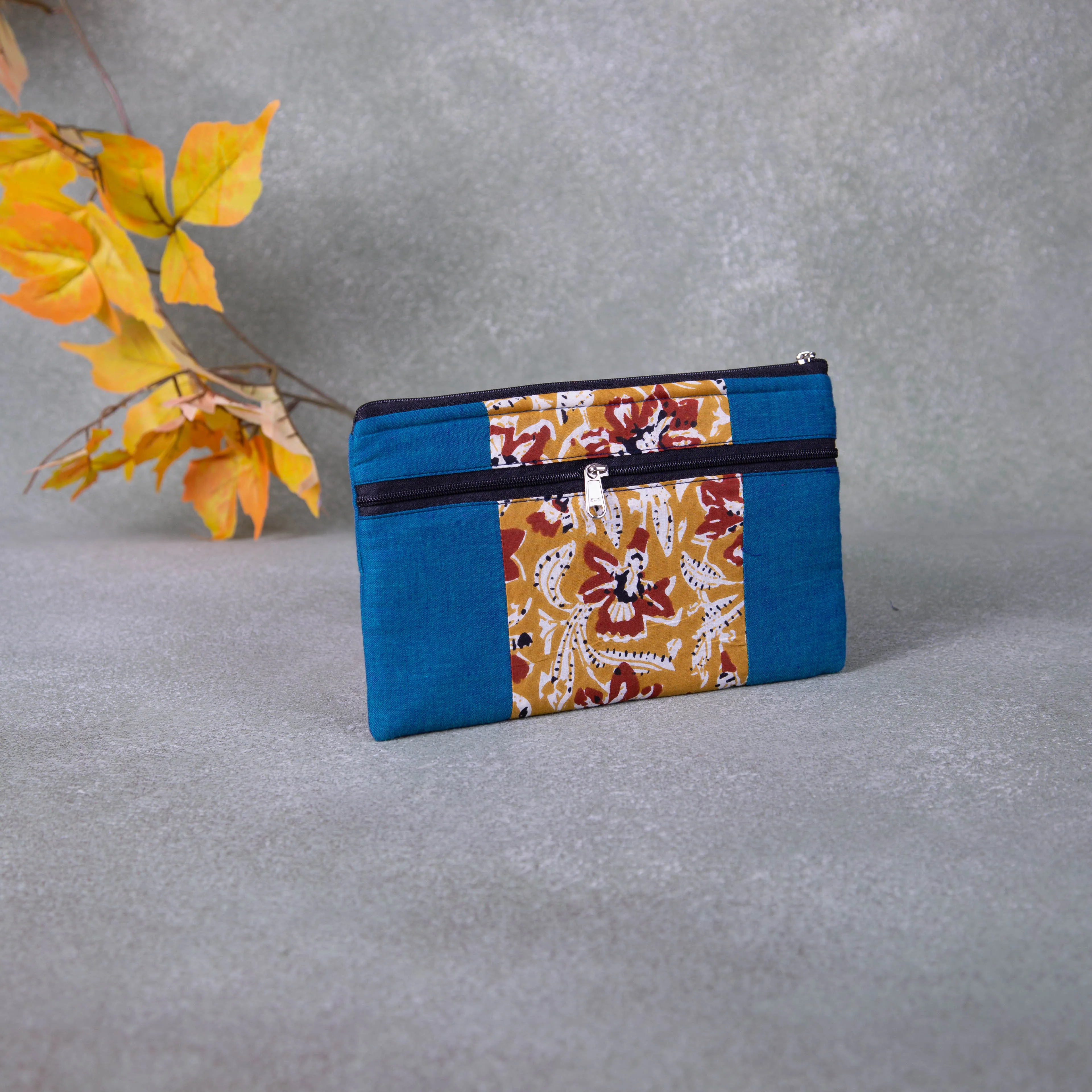 Cotton Multizip Purse Blue with Maroon Flower Design.