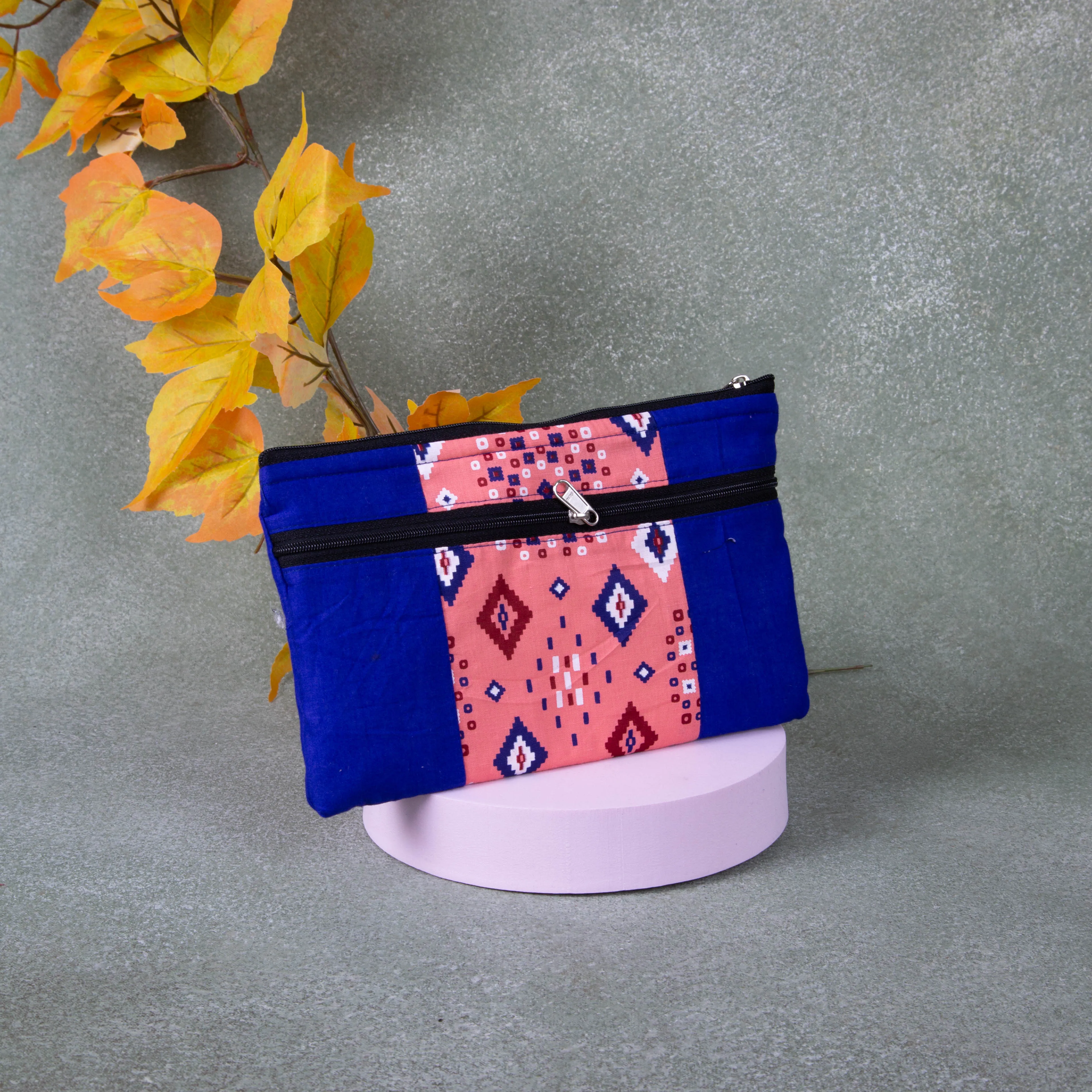 Cotton Multizip Purse Blue with Peach Diamond Design