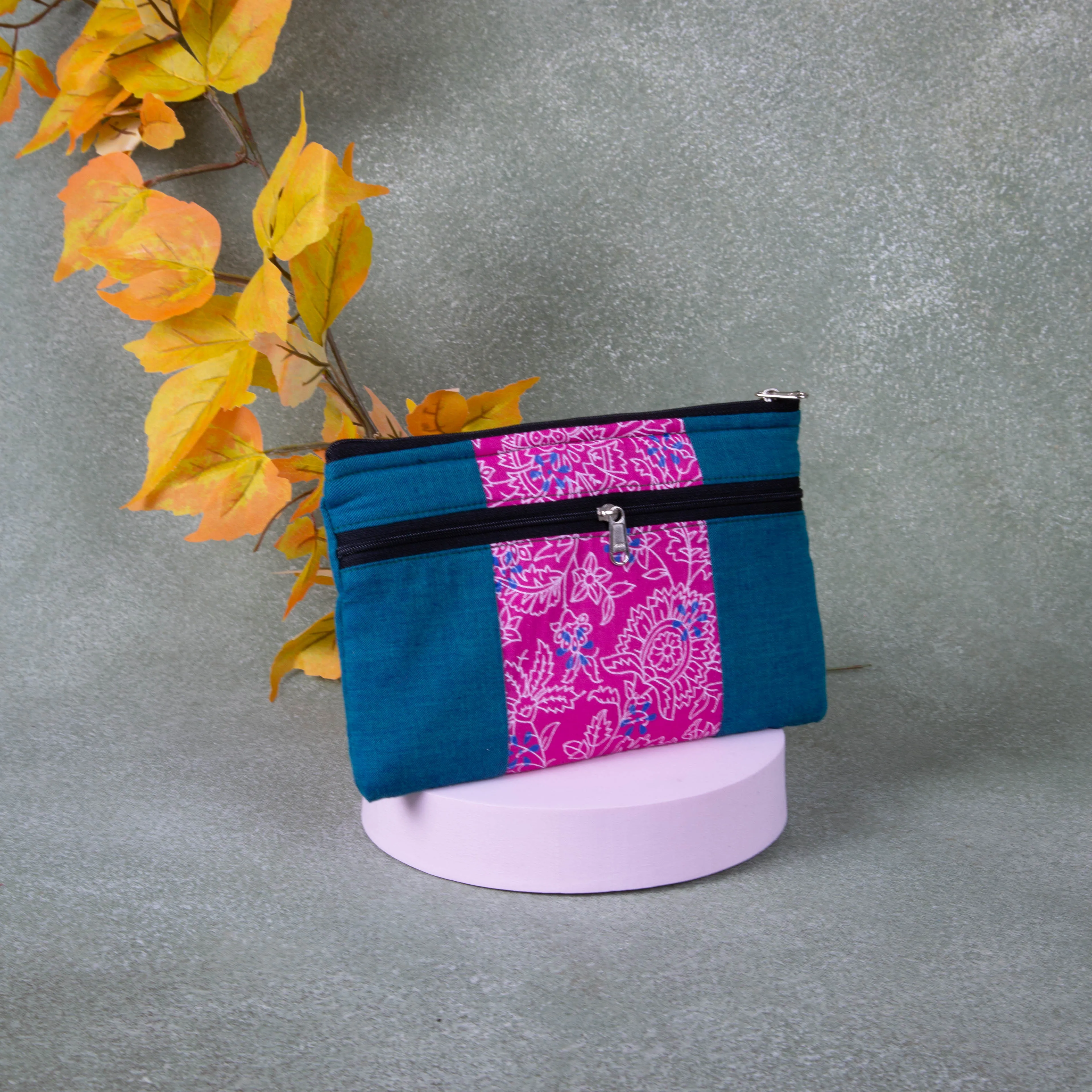 Cotton Multizip Purse Blue with Pink Flower Design