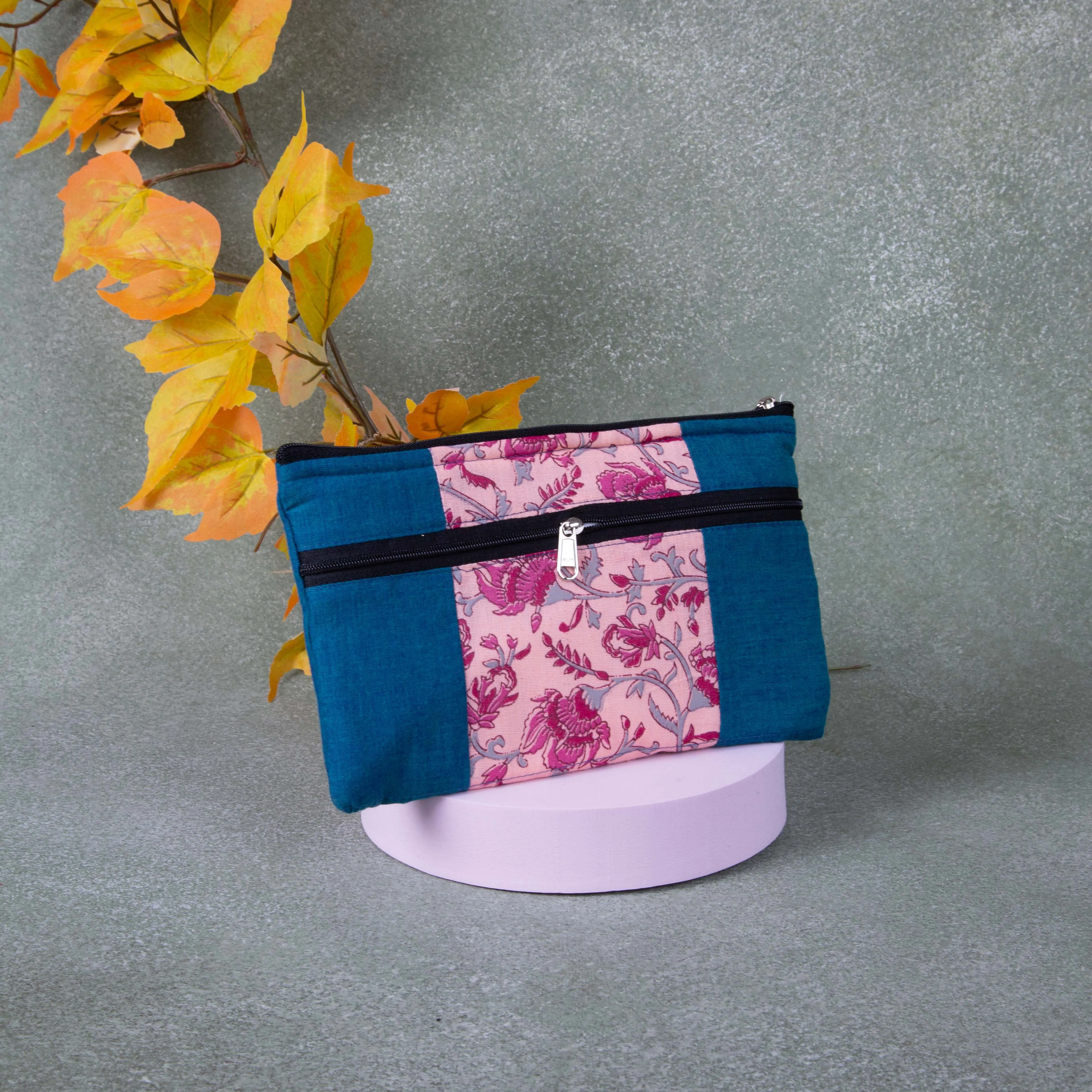 Cotton Multizip Purse Blue with Pink Flower Design.