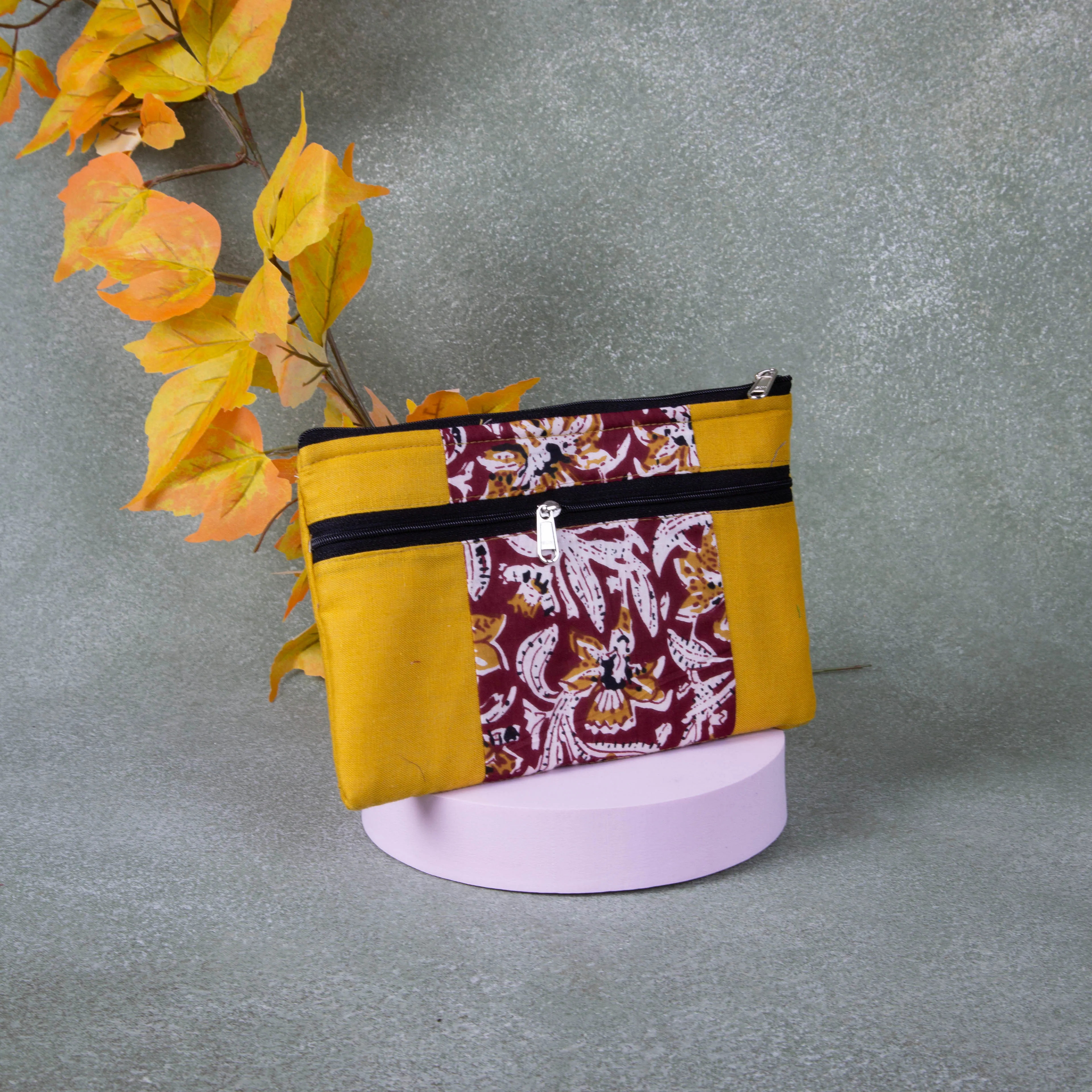 Cotton Multizip Purse Mustard with Maroon flower Design.