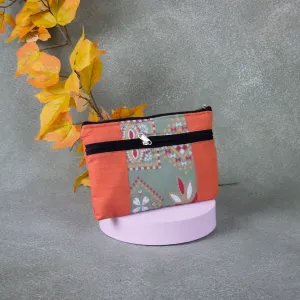 Cotton Multizip Purse Orange with Green Flower Design.