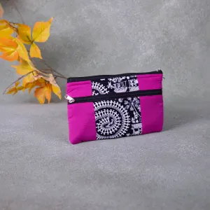 Cotton Multizip Purse Pink with Black Triable Prints.