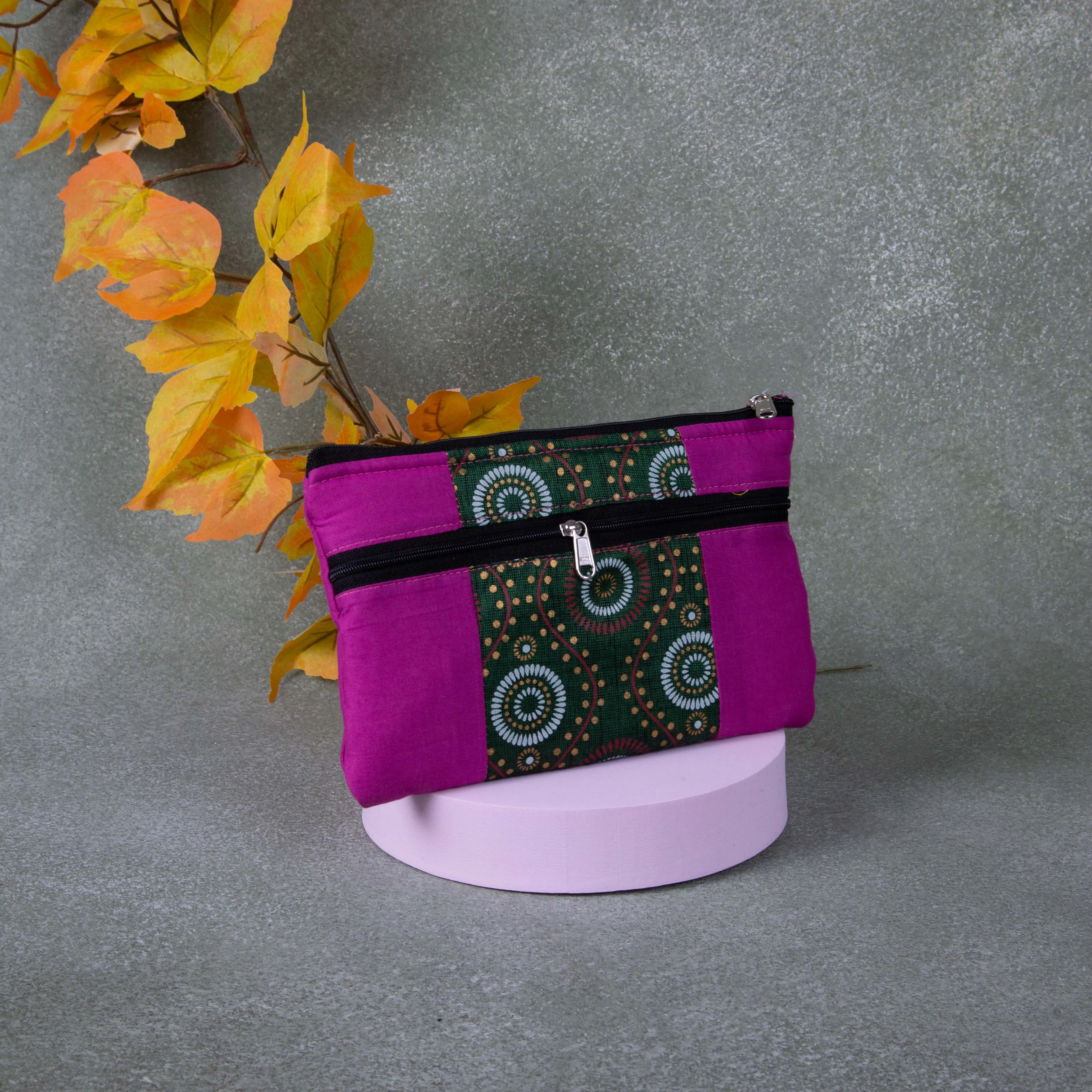 Cotton Multizip Purse Purple with Green Circle Design.