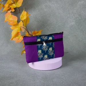 Cotton Multizip Purse Violet with Green Flower Design.