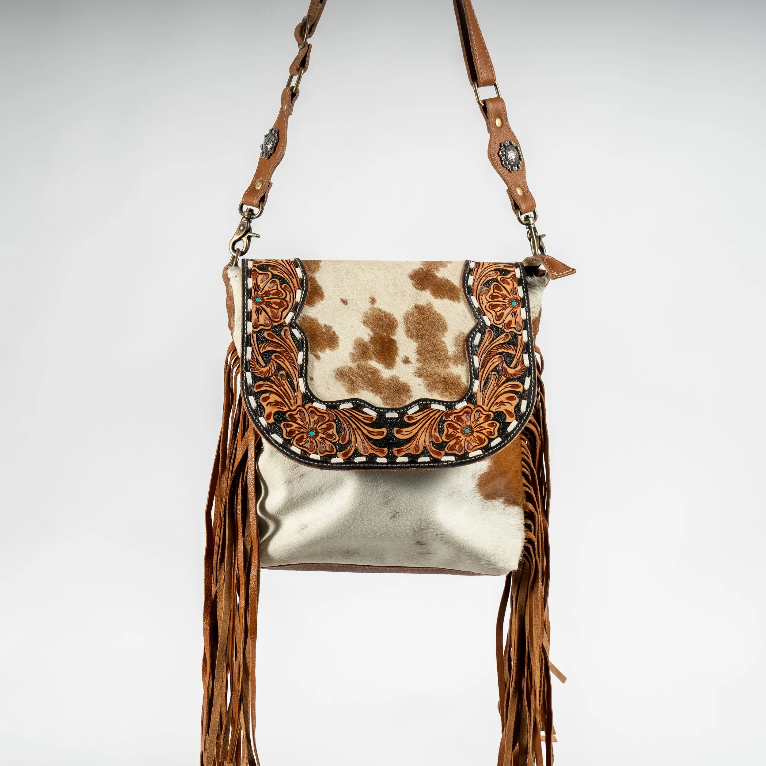 Cowhide and Fringe Hand-Tooled Purse