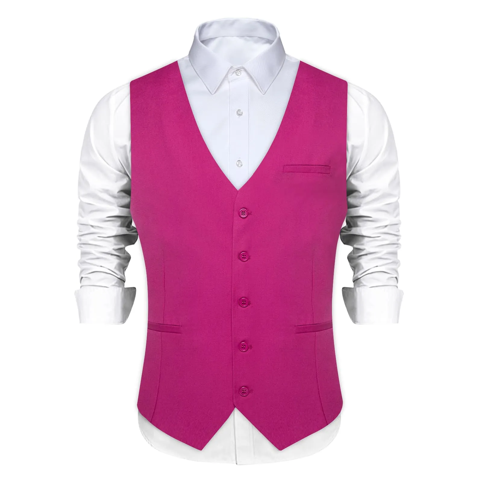 DiBanGu Mens Vest Medium Pink Solid V Neck Work Waistcoat Silk Button Vest