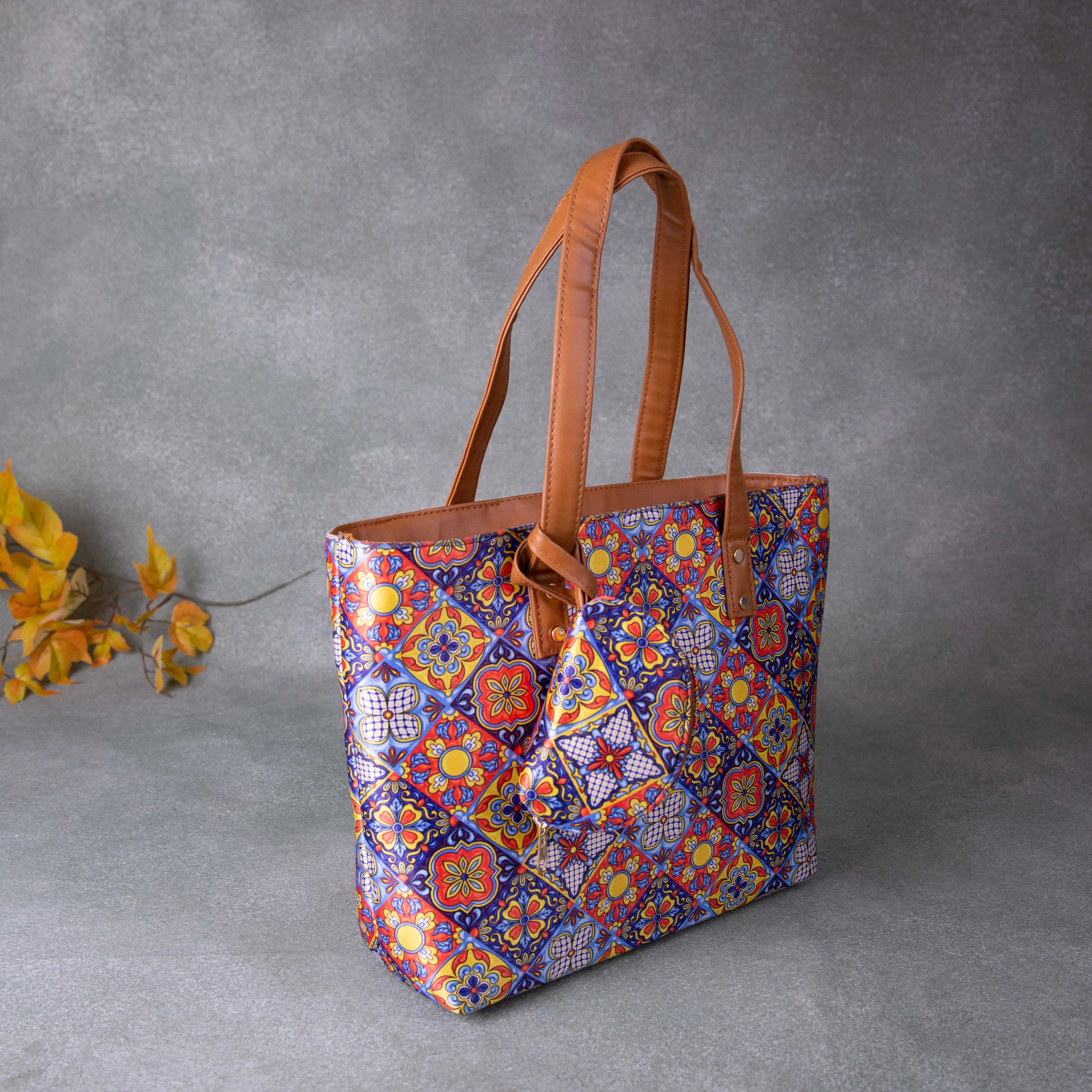 Double Zippered Tote Multi Colour Geometrical Design