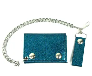 Glitter Vinyl Tri-fold Chain Wallet in Cascade Blue