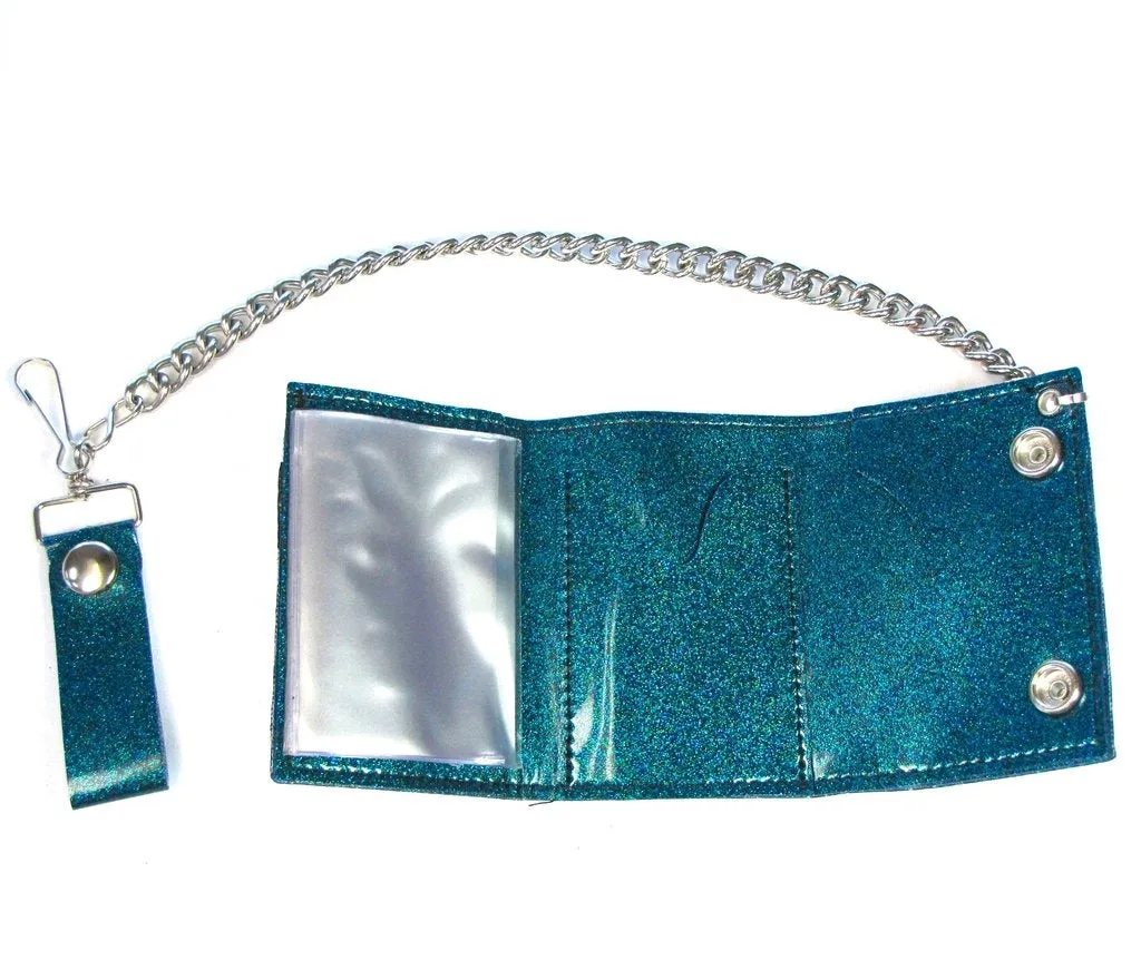 Glitter Vinyl Tri-fold Chain Wallet in Cascade Blue