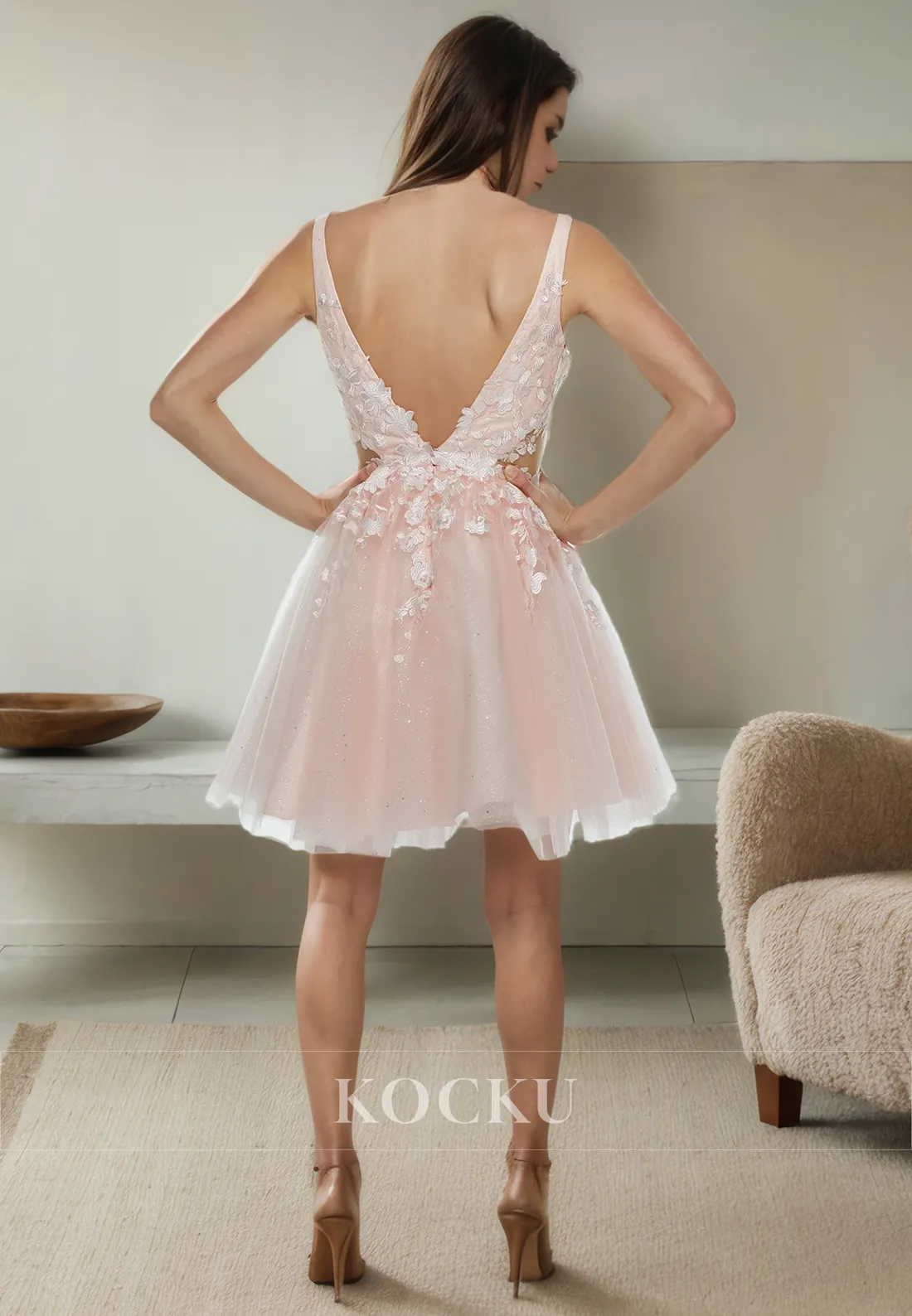 Gorgeous & Charming V-Neck A-Line Appliques Backless Party Homecoming Dress