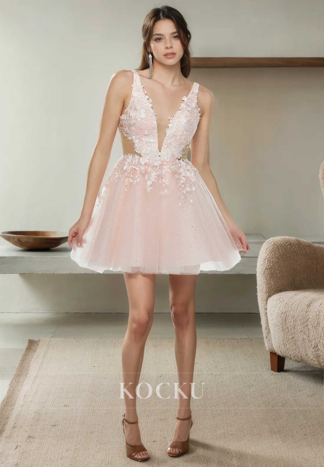 Gorgeous & Charming V-Neck A-Line Appliques Backless Party Homecoming Dress