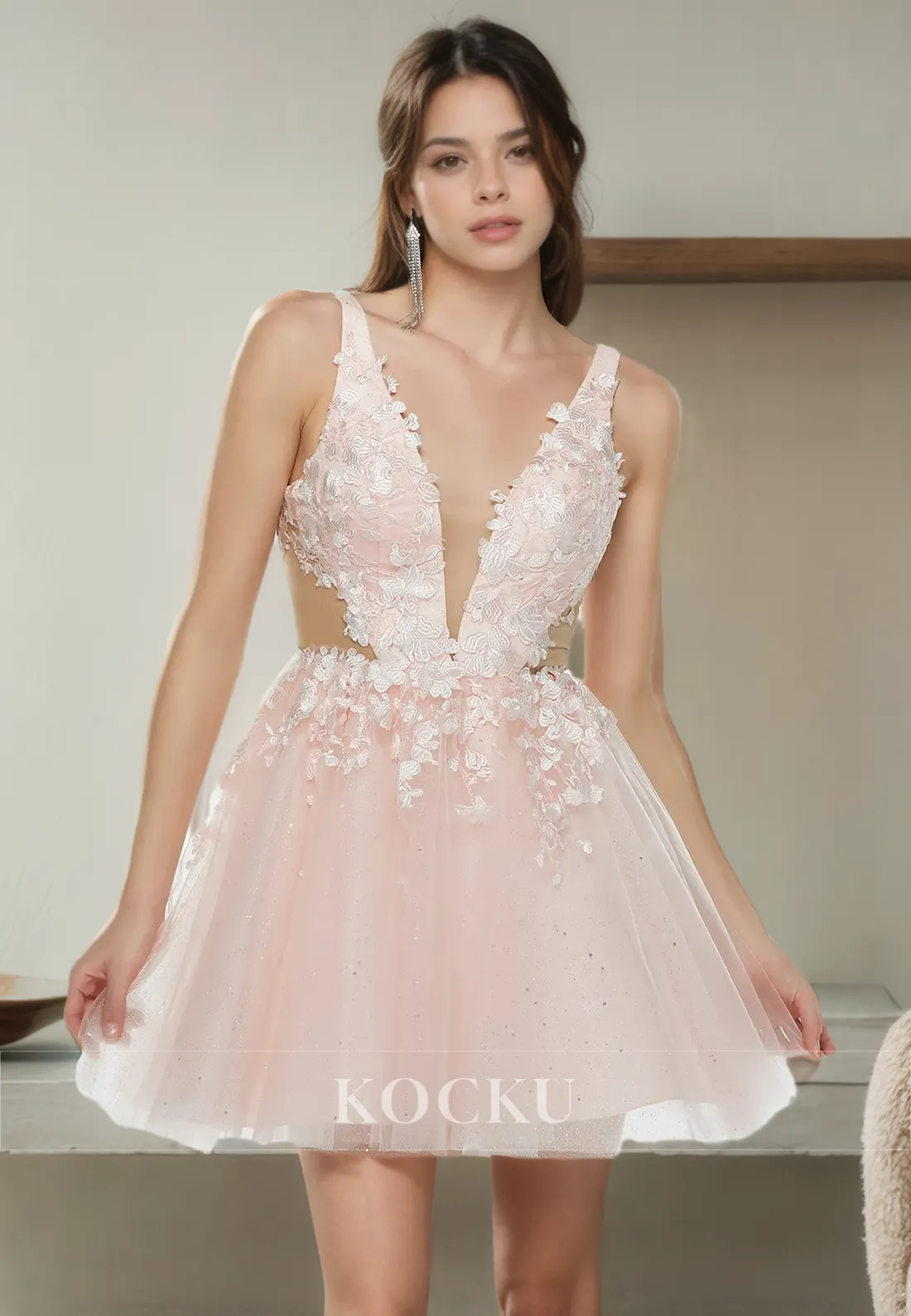 Gorgeous & Charming V-Neck A-Line Appliques Backless Party Homecoming Dress