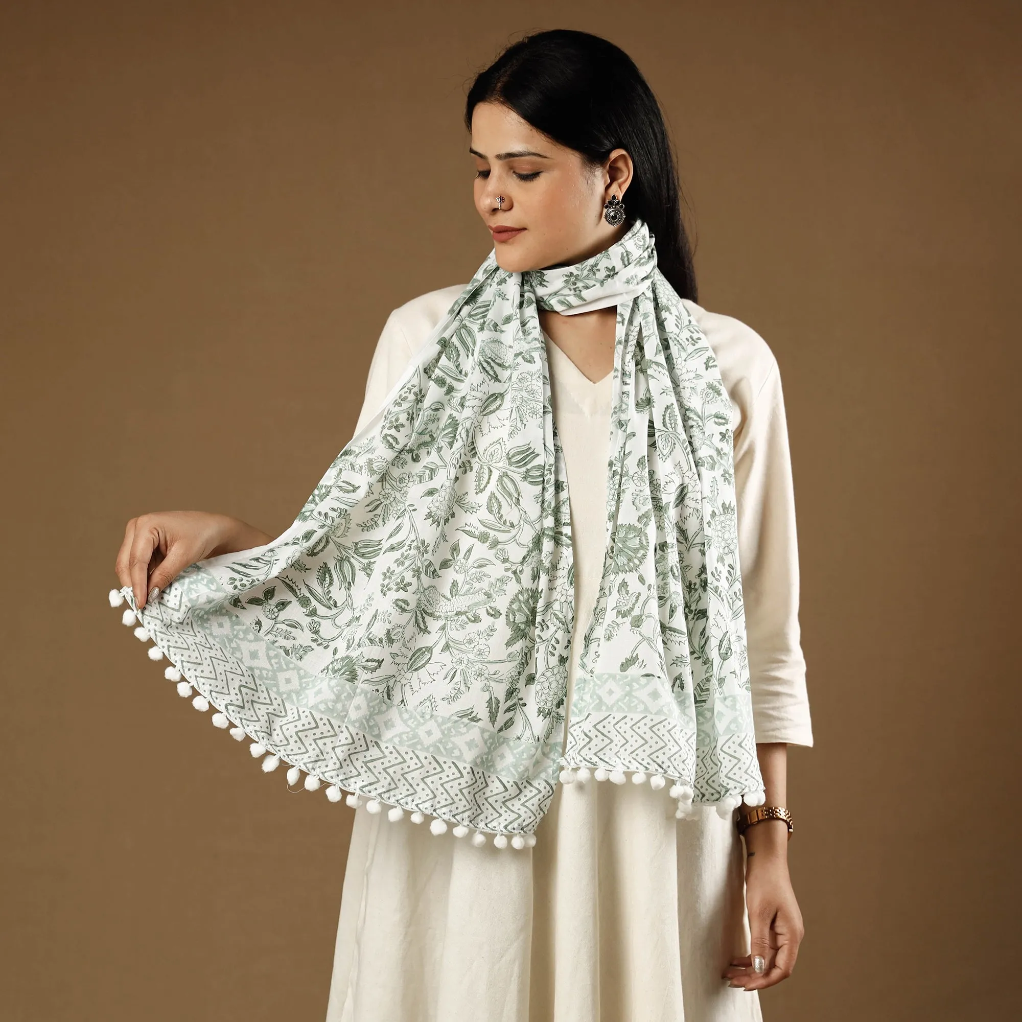 Green - Marigold White & Green Sanganeri Block Printed Cotton Stole with Tassels 04