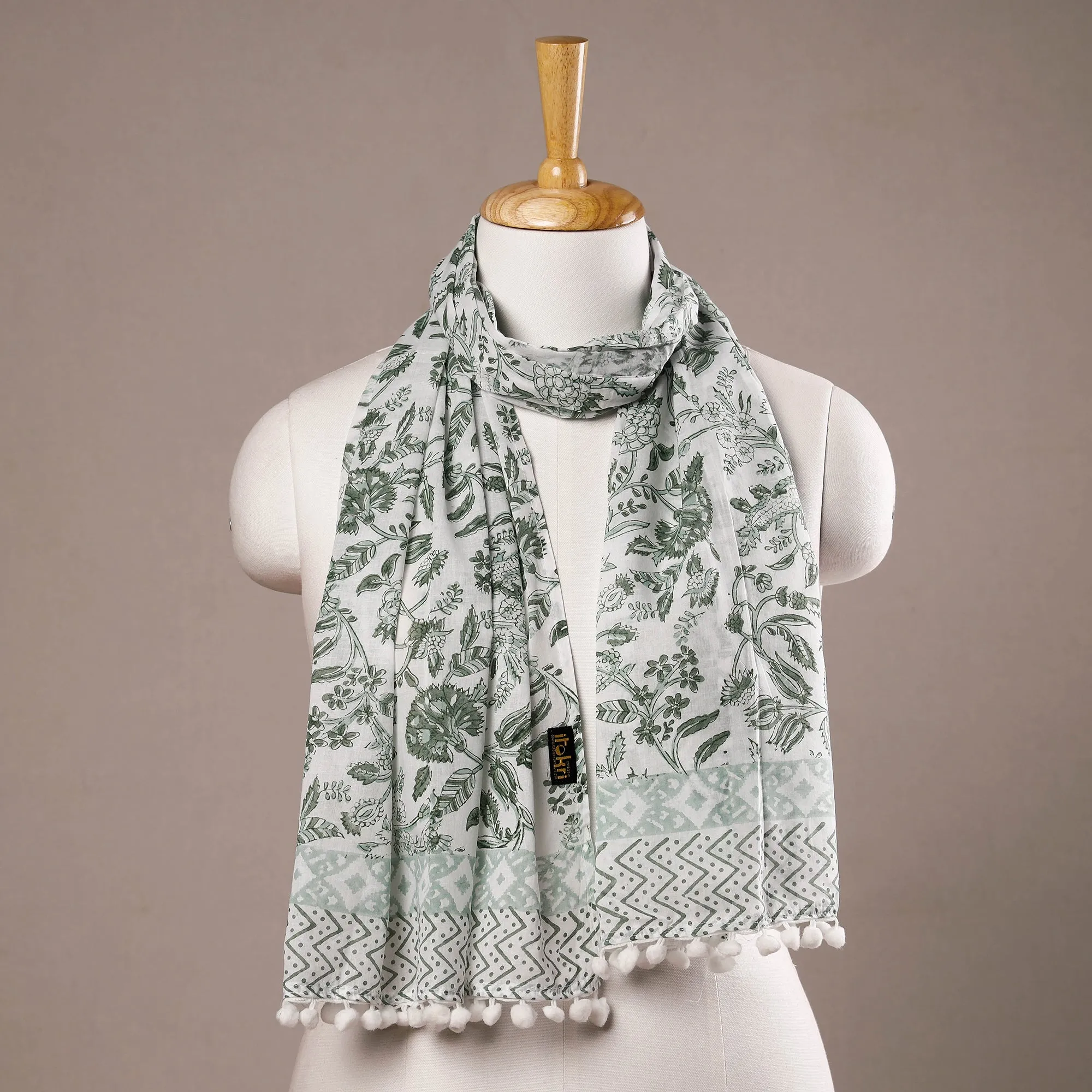 Green - Marigold White & Green Sanganeri Block Printed Cotton Stole with Tassels 04