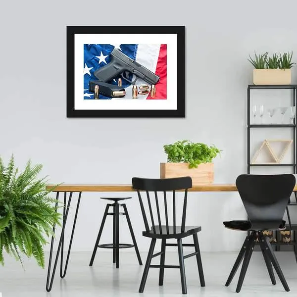 Gun & Bullets On American Flag Canvas Wall Art