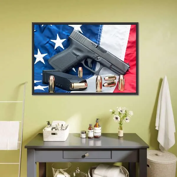 Gun & Bullets On American Flag Canvas Wall Art