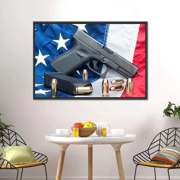 Gun & Bullets On American Flag Canvas Wall Art