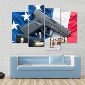 Gun & Bullets On American Flag Canvas Wall Art