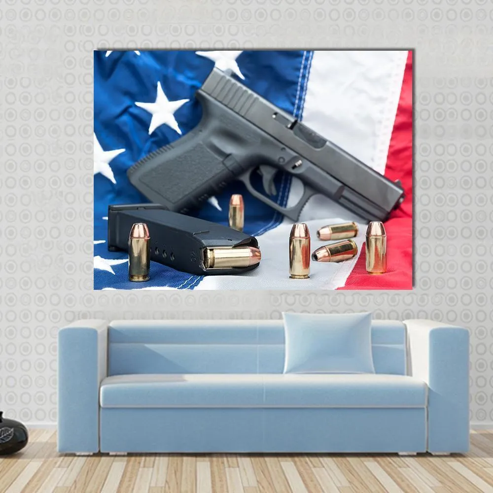 Gun & Bullets On American Flag Canvas Wall Art