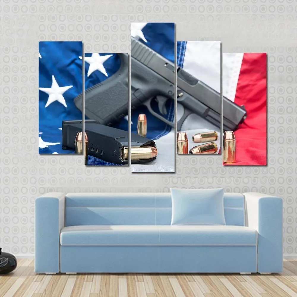 Gun & Bullets On American Flag Canvas Wall Art